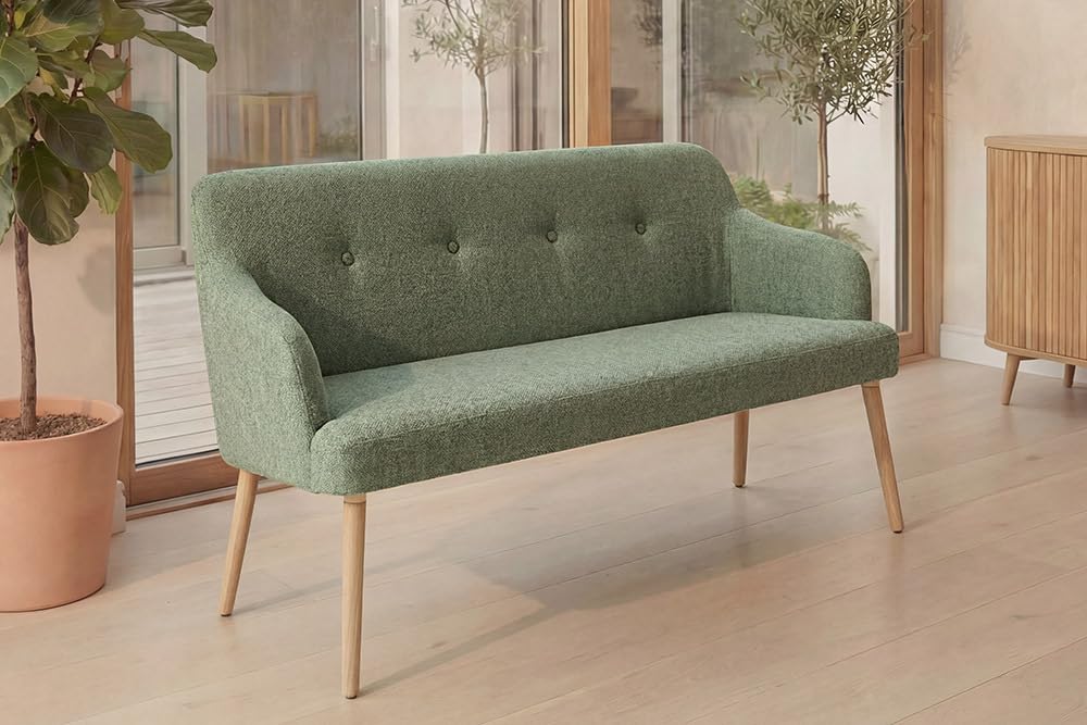 Riess Ambiente Nordische Sitzbank Scandinavia MEISTERSTÜCK - 115cm - Salbei Natur - Polsterbank aus Massivholz mit Armlehne