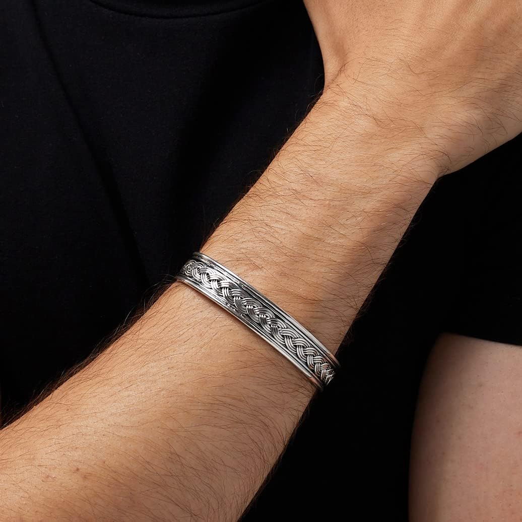 Mens Silver Bangle Bracelet - 925 Sterling Silver Bangle, Open Cuff Silver Bracelet Braided Details Adjustable
