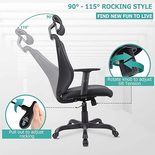 Miniatura 4 de Silla de oficina con reposacabezas, sillas de oficina ergonómicas con soporte lumbar y reposabrazos, silla de escritorio negra de malla para