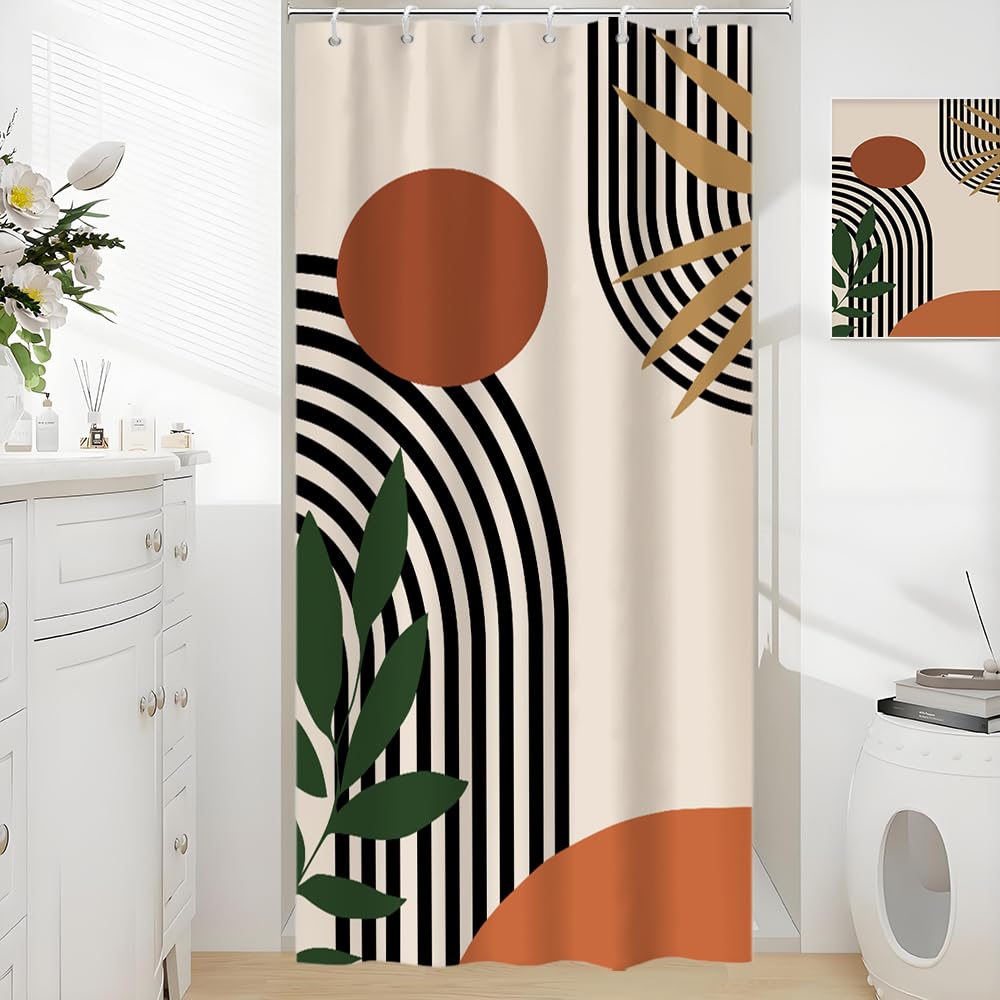 Rideau Douche Anti Moisissure, Rideau de Douche Terracotta 90x180cm Tissu Lavable Étroit Orange Boheme Rideaux de Baignoire Abstrait Petit Imperméable Rideaux Salle de Bain avec 6 Crochets