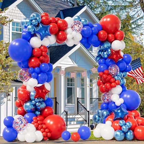 Grcypa Red White and Blue Balloons Garland Arch Kit with Confetti Star Balloons for 4th of July Balloons Graduation Veterans Memorial Day Nautical Baby Shower Birthday Baseball Game Party Decorations