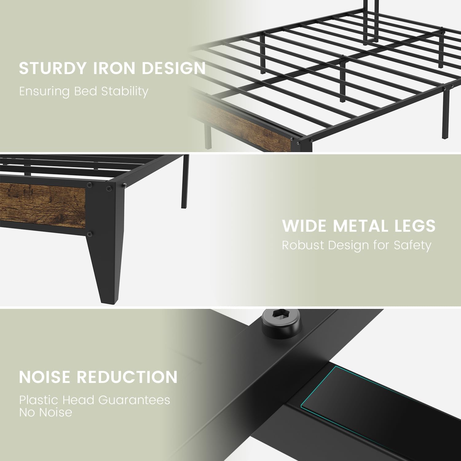 Queen Bed Frame, Queen Size Metal Platform Bed with Storage & LED Light Headboard, Type C & USB Charging Station, Soundproof, No Box Spring Needed