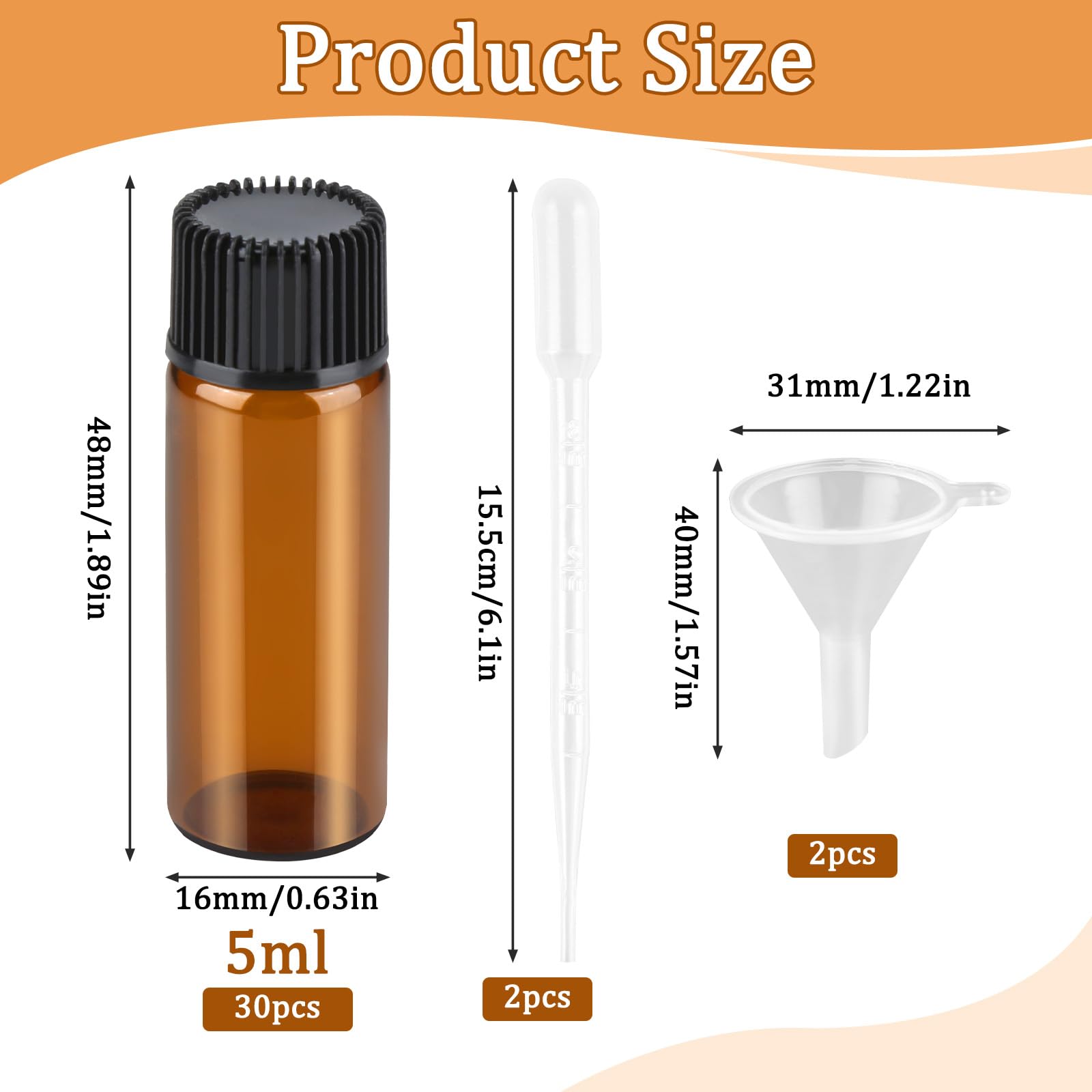 30 Pcs Mini Botellas Aceites Esenciales 5ml Vidrio Ámbar Rellenables con Gotero