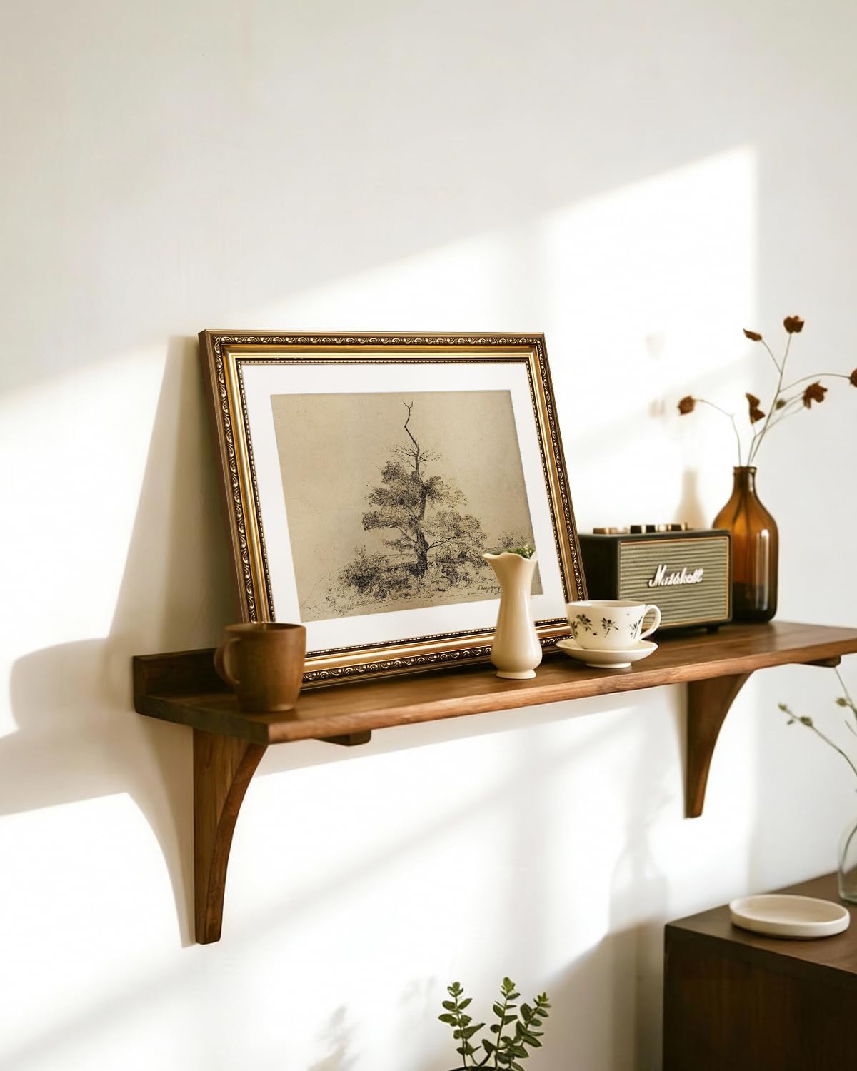 Vintage Gold Relief Framed Tree Sketch Wall Art 13x16 Inch, Classic Landscape Neutral Beige Artwork, Antique Nature Drawing Print Living Room Bedroom Study Office Hallway Farmhouse Home Decor