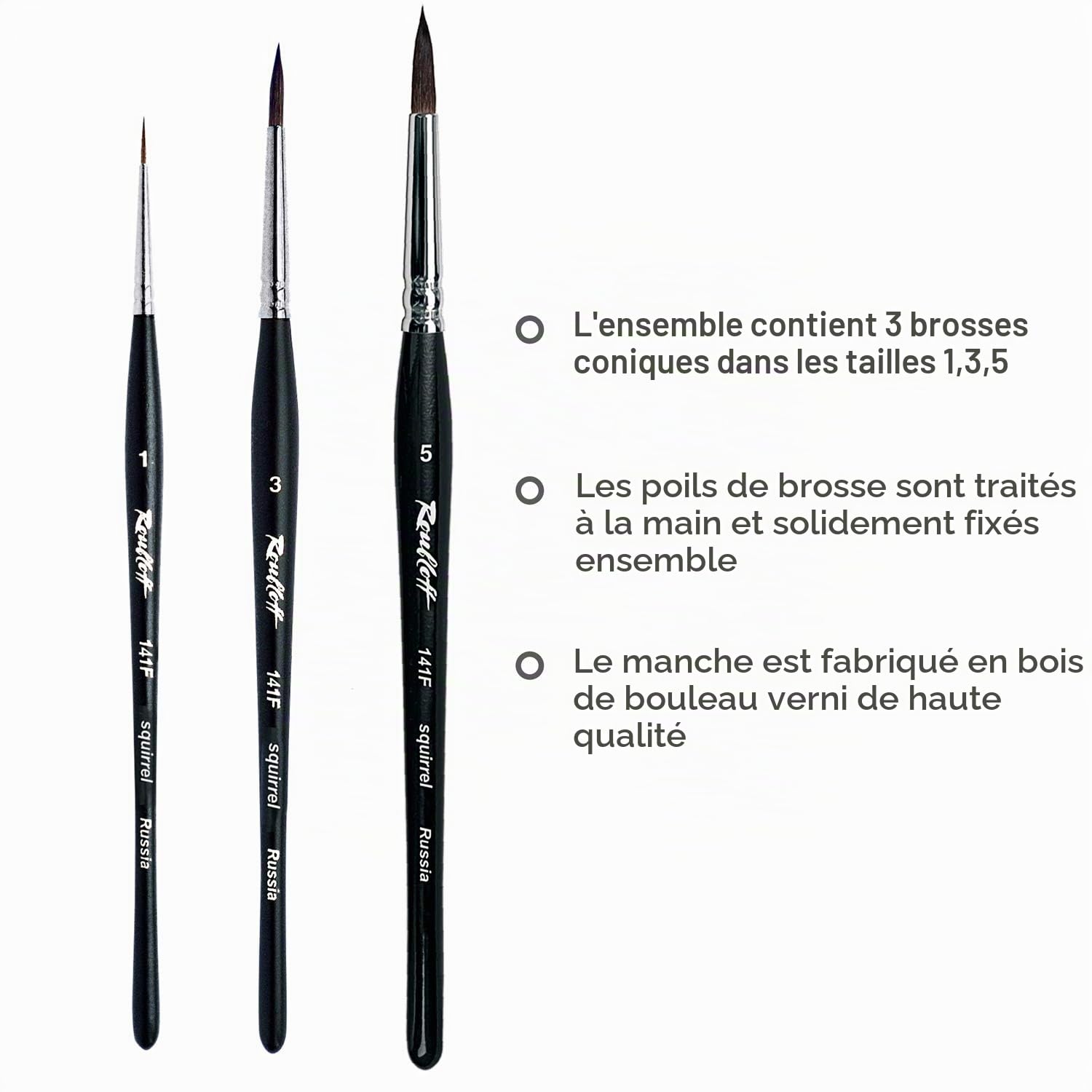 Set de 3 pinceaux peinture Roubloff, tailles 1-3-5 | Poils d'écureuil authentiques | Pinceaux à pointe ronde pour les aquarelles | Set 3 pinceaux ronds tailles 1, 3, 5, poils naturels d'écureuil, pour aquarelle, glacis et techniques à l'eau