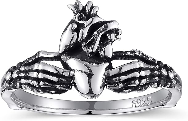 AVECON Claddagh Rings for Women, Gothic Skeleton Hands with Anatomical Heart Skull Stackable Statement Ring, Unique Jewelry Gift, Size 5-9