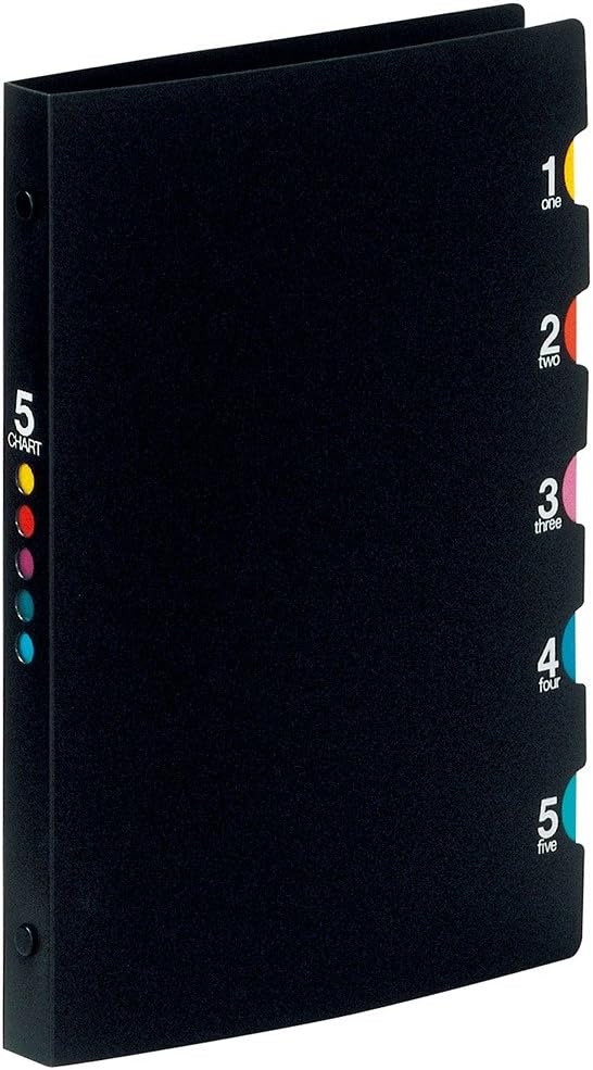 Maruman Five Chart 20‑Ring Binder with 5 Index Windows & Matching 5‑Tab Dividers, A5 Size, 5.83" x 8.27", Holds 70 Sheets, Laminated Tabs, Black, Made in Japan