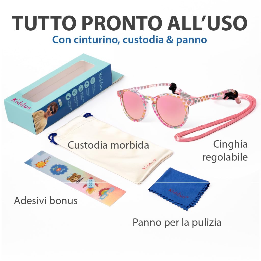 Kiddus Occhiali da Sole Bambina 4–7 Anni Polarizzati UV400 CAT3, Montatura TR90 Flessibile e Leggera, con Cordino Regolabile, Senza BPA, Protezione 100% UVA UVB, Certificati CE