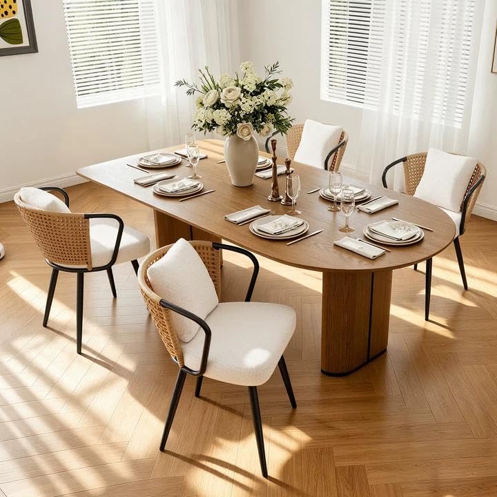 Daluvenix Rattan Dining Chairs Set of 4 Modern Upholstered Kitchen Chair with Metal Legs Ergonomic Curved Backrest Mid Century Living Room Chairs with Throw Pillow Natural