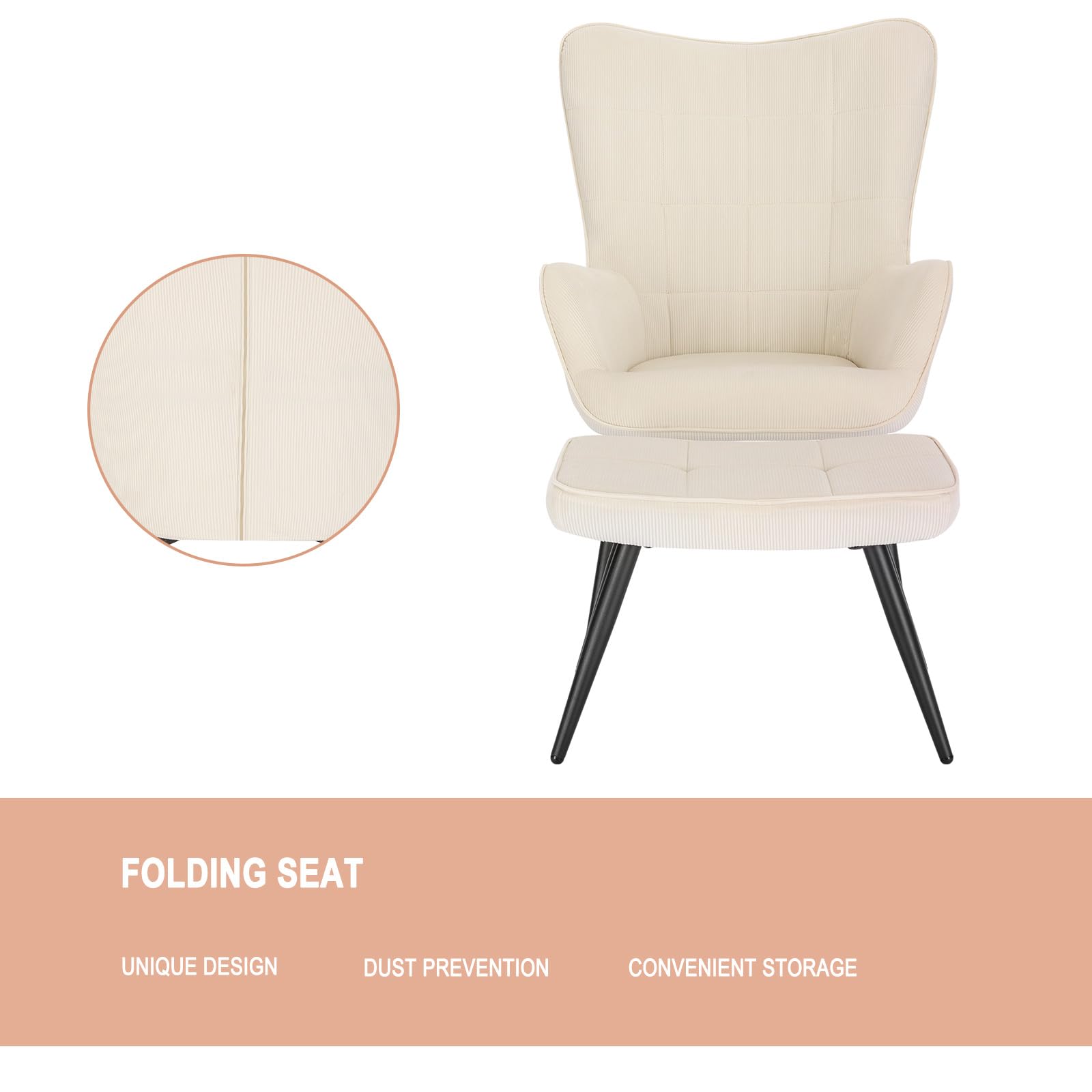 WOLTU Sillón de Relax con Reposapiés, Respaldo Alto, Blanco Crema | Salón con Taburete, Silla de Salón de Escritorio con Escabel, reposabrazos, patas de metal, Topes en Patas
