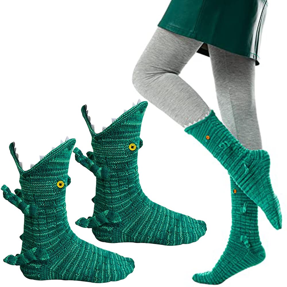 Sujahhujiq Unisex Green Knit Crocodile Socks, Knitting Socks, Funny Novelty Socks, Knit Animal Socks Floor Sock, Winter Warm Sock-S For Women Men