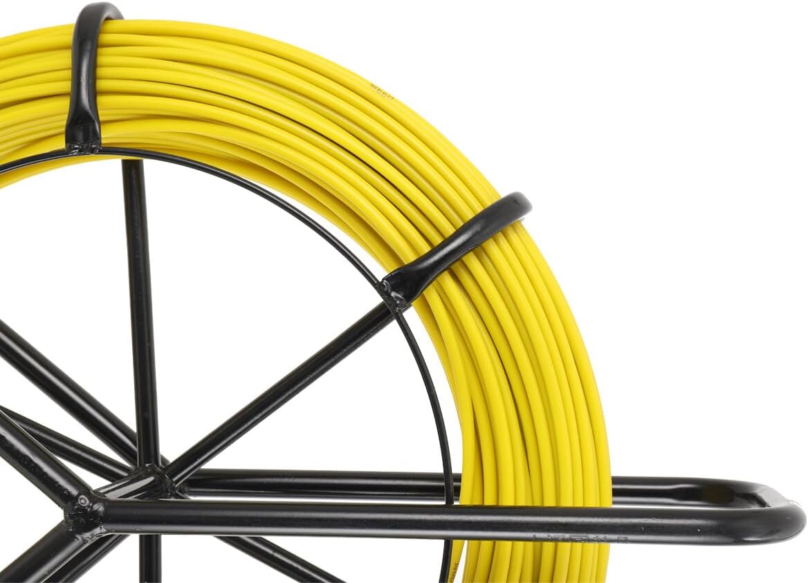 Fish Tape Fiberglass 1/4 328ft Electrical Fishtape, Duct Rodder Fish Tape Wire Puller Cable Running Rod for Pulling Cables Wires Ropes with Steel Frame Stand,6mmx100m