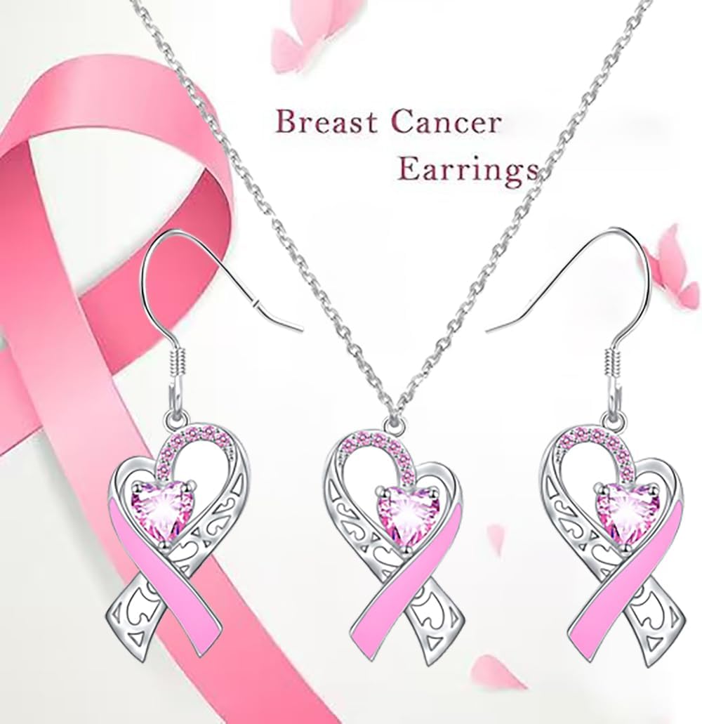 Breast Cancer Awareness Necklace Earring for Women, Pink Ribbon Heart Dangle Drop Pendant Survivor Gifts Supporter Inspirational Jewelry - Image 5