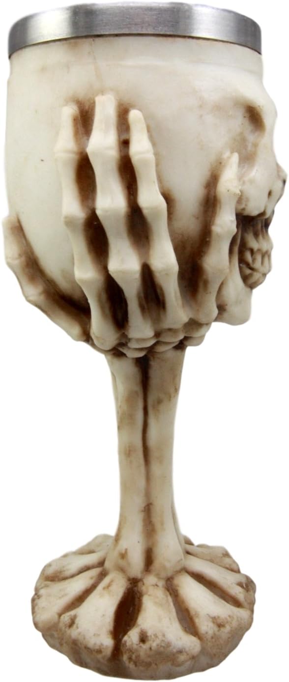 Ebros Gift Ossuary Skeleton Grasping Claw Hand Uplifting Skull Cranium Wine Goblet Chalice Cup 6oz Beverage Serveware Drinkware Halloween Macabre Figurine