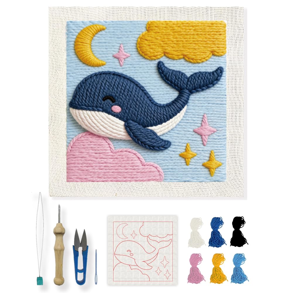 INFUNLY Kit da ricamo con ago da balena, per adulti e principianti, 24 x 23 cm, kit completo per principianti, kit per ricamo a forma di balena, kit fai da te con tutti gli strumenti per artigianato