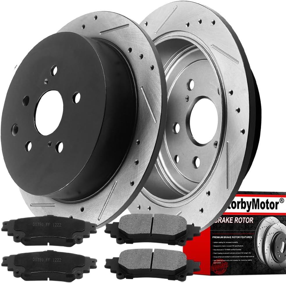 MotorbyMotor 309mm Rear Brake Rotors fits for Lexus RX350 RX450H, Toyota Highlander Sienna Drilled & Slotted Rotor & Ceramic Brake Pads kit(All Models)