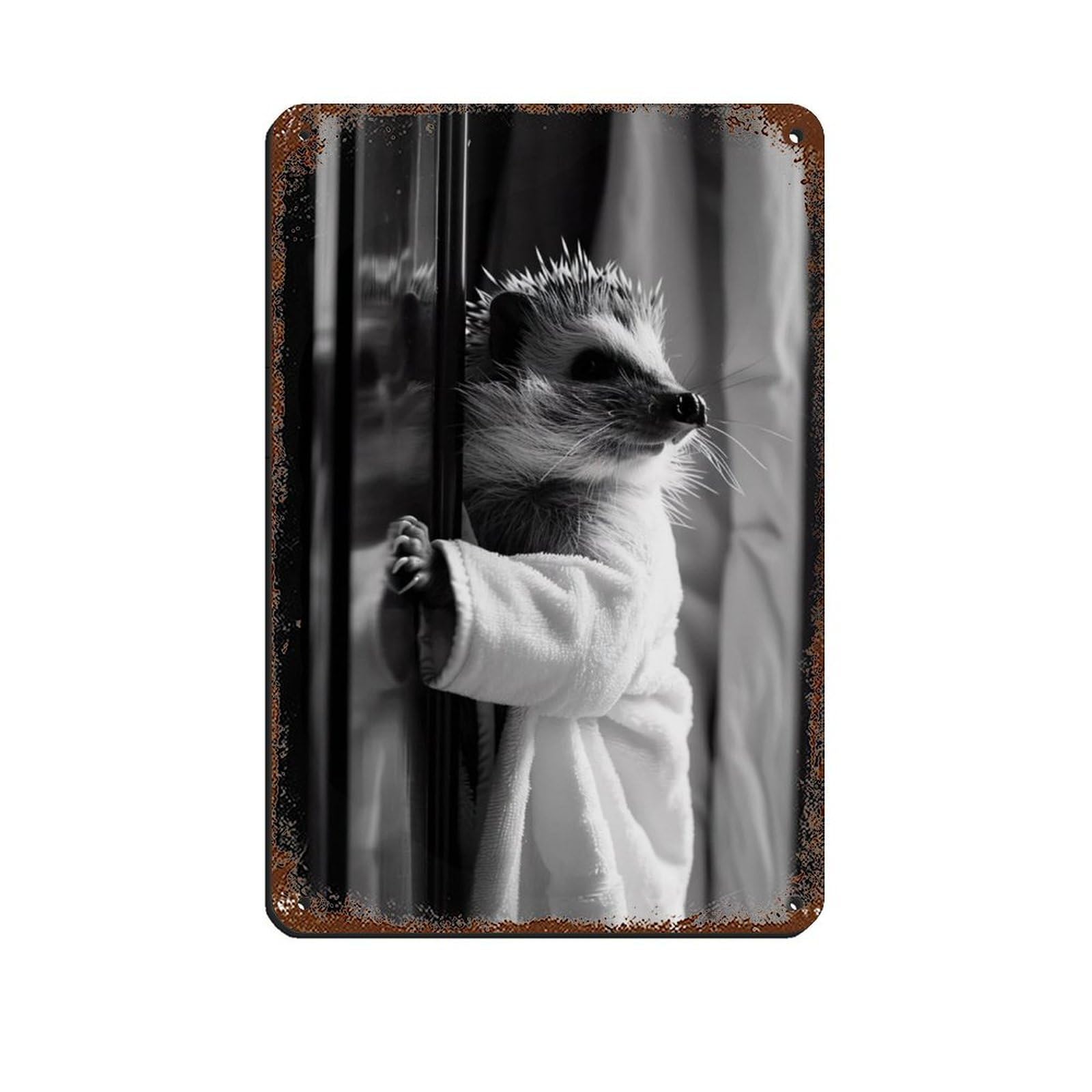 Hedgehog in A Bathrobe, Funny Bathroom Art Retro Poster Metal Tin Sign Chic Art Retro Iron Painting Bar People Cave Cafe Family Garage Poster Wall Decoration 8x12inch(20x30cm)