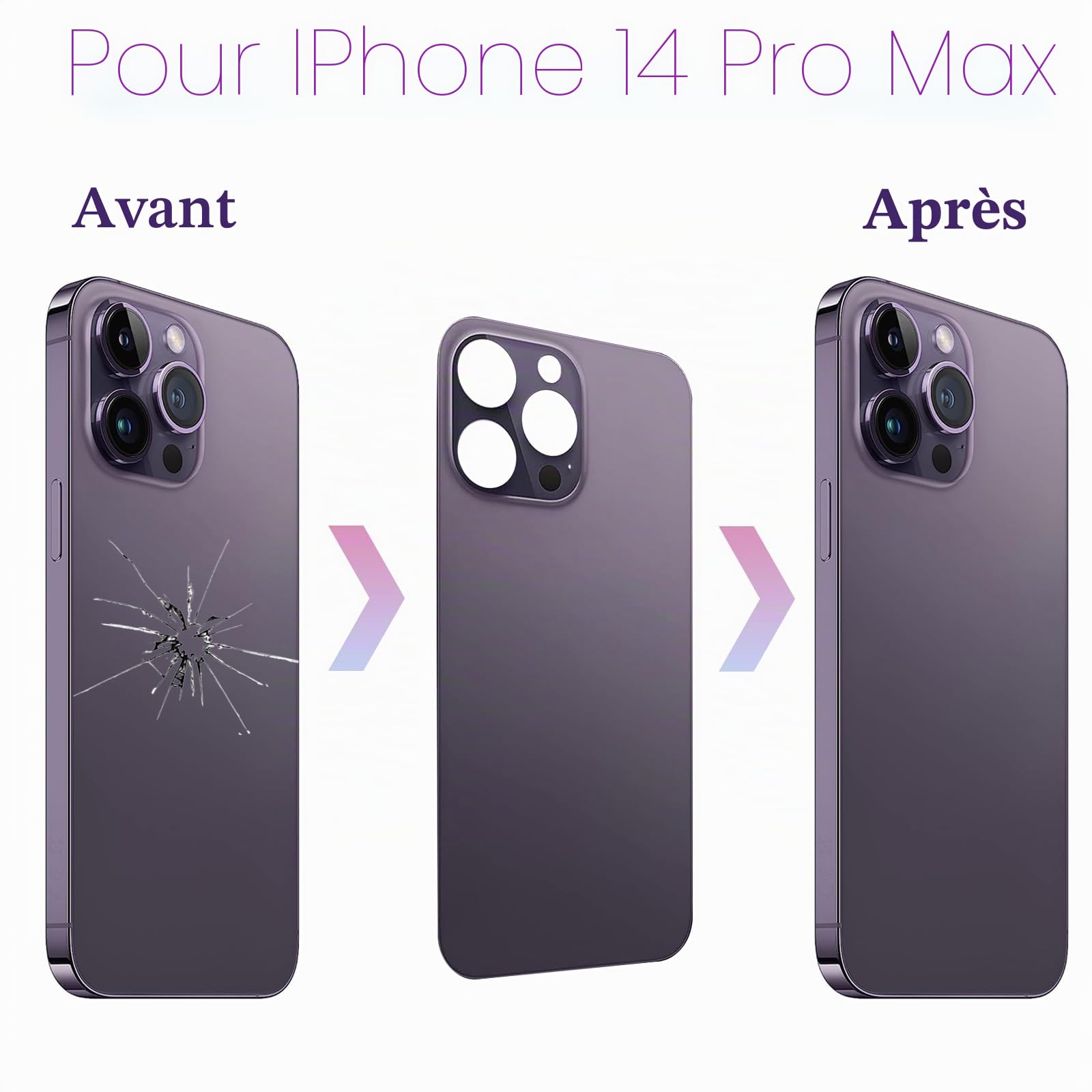 14 Pro Max Verre arrière de Rechange pour iPhone 14 Pro Max 6,7" avec kit d'outils Repar, Violet foncé