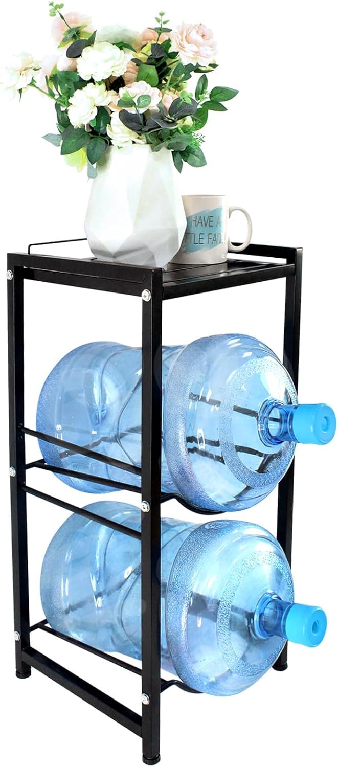 5 Gallon Water Jug Holder with Top Storage Shelf 3 Tier Heavy Duty Water Rack 5 Gallon Water Bottle Stand Water Cooler Bottle with Storage Shelf for Kitchen, Living Room, Office, Black