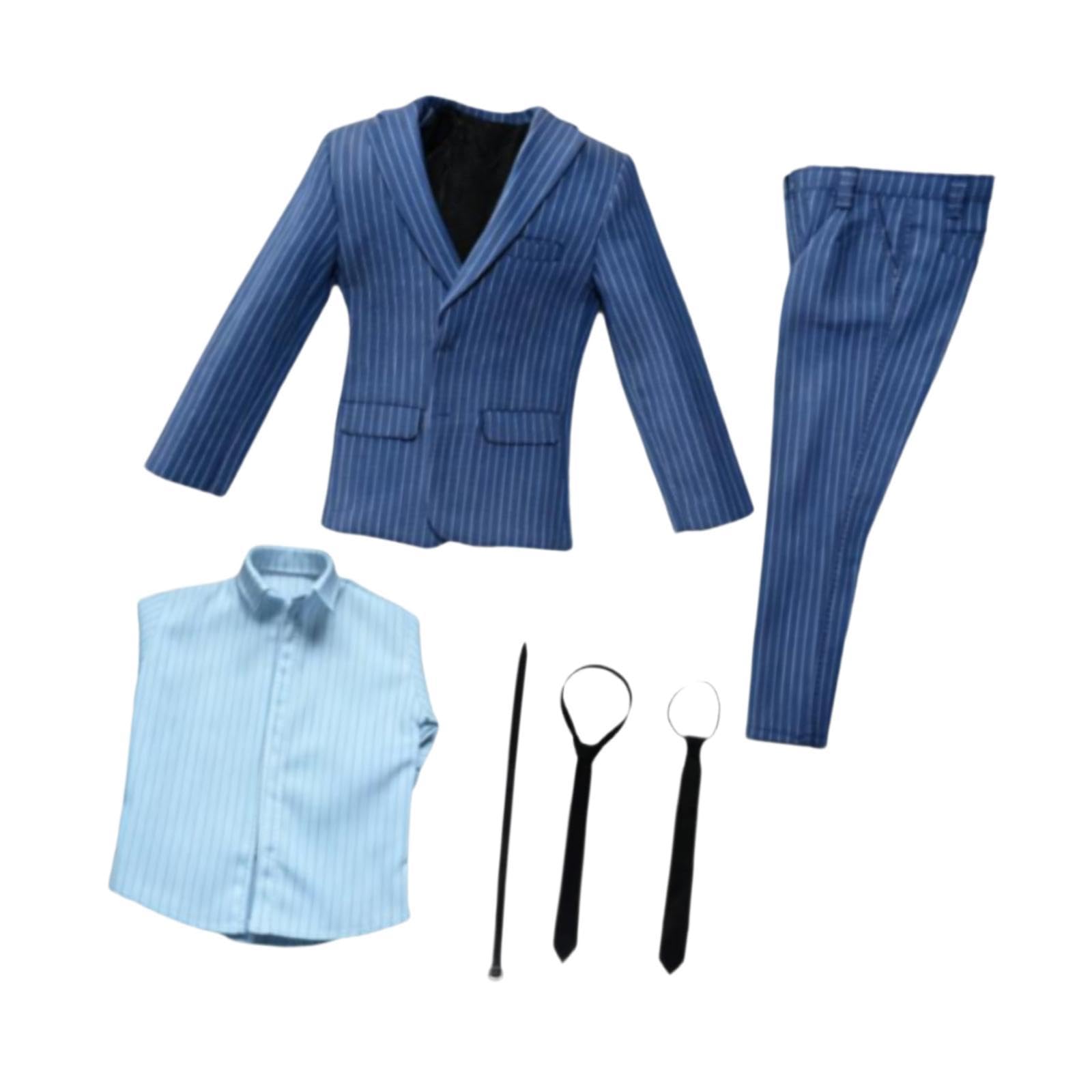 Puppenminiatur Mantel, Herrenanzug, Uniform Outfit, Jacke, Hose, Hemd, Krawatte, Gürtel, Realistisches Stoffmaterial, für Männliche Figuren Im Maßstab, Blau