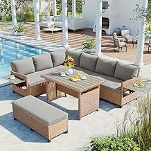 TOMAX 5-Piece Outdoor Patio Rattan Sofa Set, Sectional PE Wicker L-Shaped Garden Furniture Set with 2 Extendable Side Tables, Dining Table and Washable Covers for Backyard, Poolside, Indoor, Brown