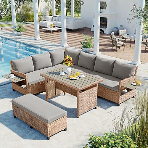 5-Piece Outdoor Patio Rattan Sofa Set, Sectional PE Wicker L-Shaped Garden Furniture Set with 2 Extendable Side Tables, Dining Table and Washable Covers for Backyard, Poolside, Indoor (Brown#006)