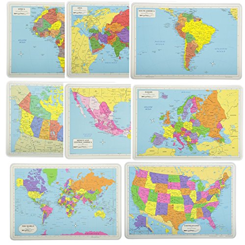 Painless Learning Educational Placemat Sets; USA, World, Europe, Asia, Africa, South America, Central America, Canada Maps [Set of 8] Multicolor
