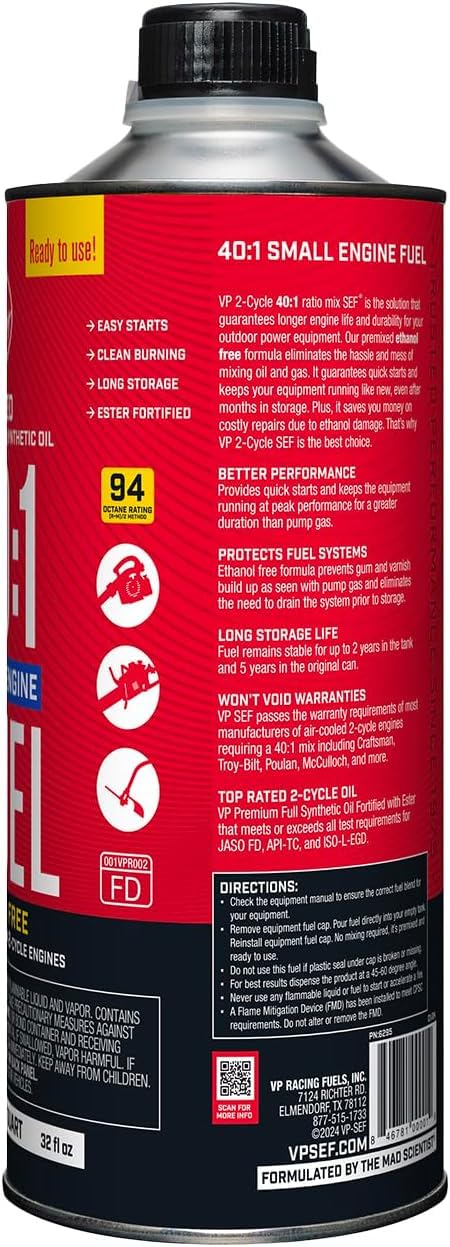 VP Racing Fuels 6295, Ready to Use, 40:1 Premixed 2-Cycle Small Engine Fuel (SEF) - Quart (8 Pack)
