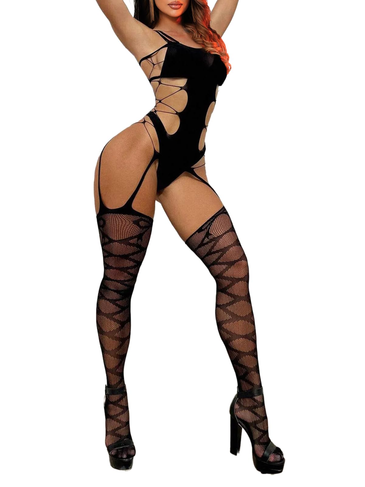 Buitifo Womens Fishnet Bodystocking Plus Size Bodysuit Sexy Tights Soft Nightwear Lingerie(Black 08lbkddw,One size)