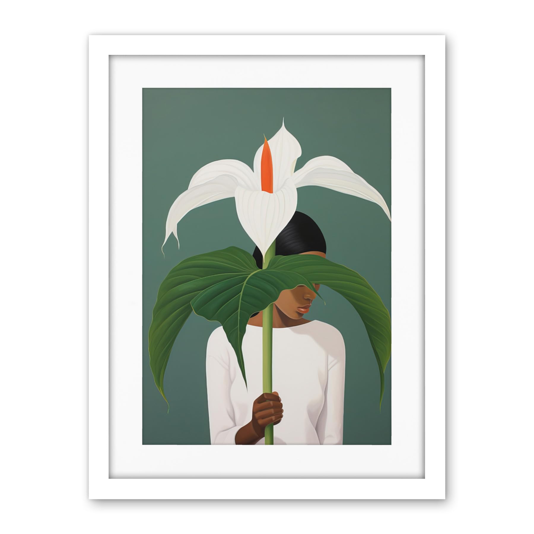 Artery8 Giant Peace Lily Showcase Realistic Oil Painting White Teal Green Woman with Flower Minimalist Artwork Framed Wall Art Print 18X24 Inch