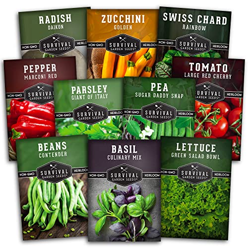 Easy To Grow Vegetable & Herb Seed Collection - 10 Packs Of Non-Gmo Heirloom Open-Pollinated Veg & Herb Essentials For Gardening Beginners - Seed Saver Instructions On Packets - Survival Garden Seeds #TOP24