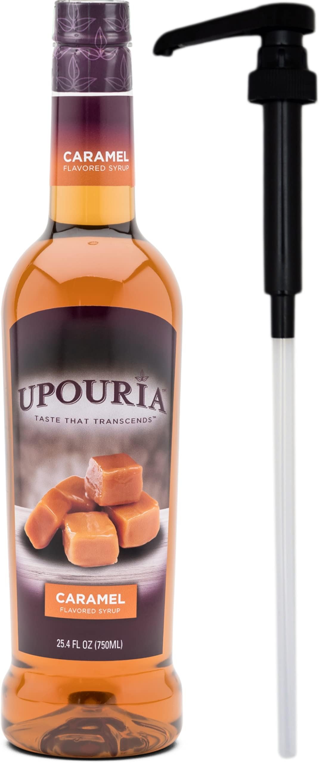 Upouria Caramel Coffee Syrup Flavoring, 100% Vegan, Gluten-Free, Kosher, 750 mL Bottle - Coffee Syrup Pump Included