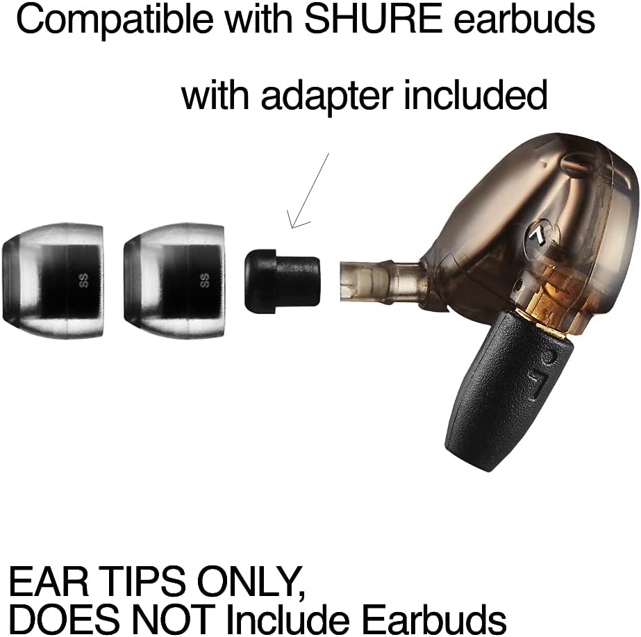 Illustration of attaching AZLA SednaEarfit Crystal tips to Shure earbuds using an included adapter.