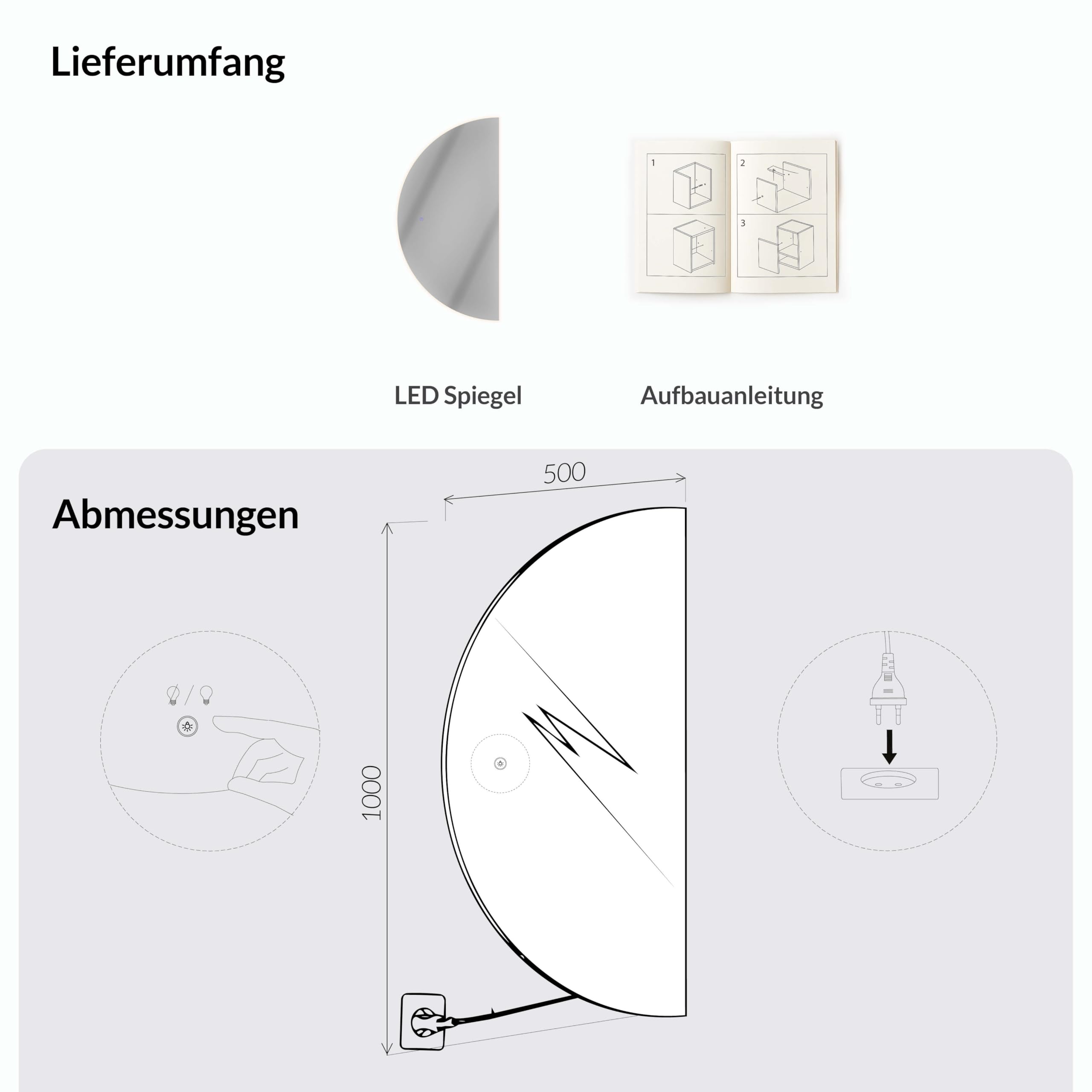 Planetmöbel NIVORA Specchio con illuminazione semicircolare Specchio con luce LED, Specchio decorativo da parete con funzione dimmer, 4200 K, luce bianca neutra, 50 x 100 cm