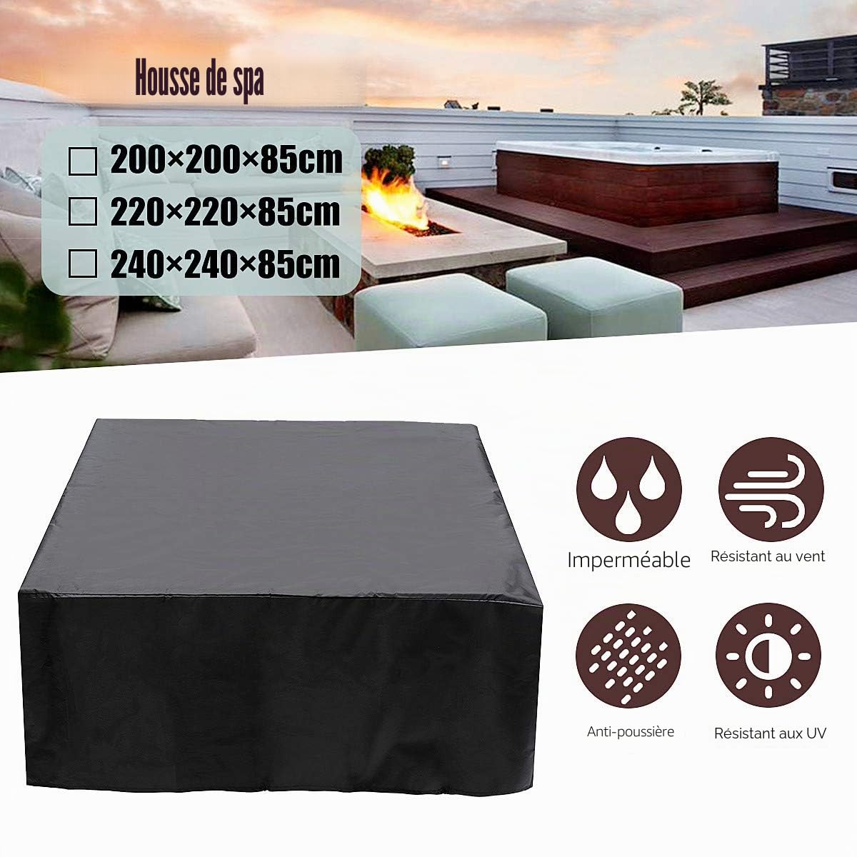 Housse carrée imperméable 100 % résistante aux UV pour jacuzzi 240 x 240 x 85 cm
