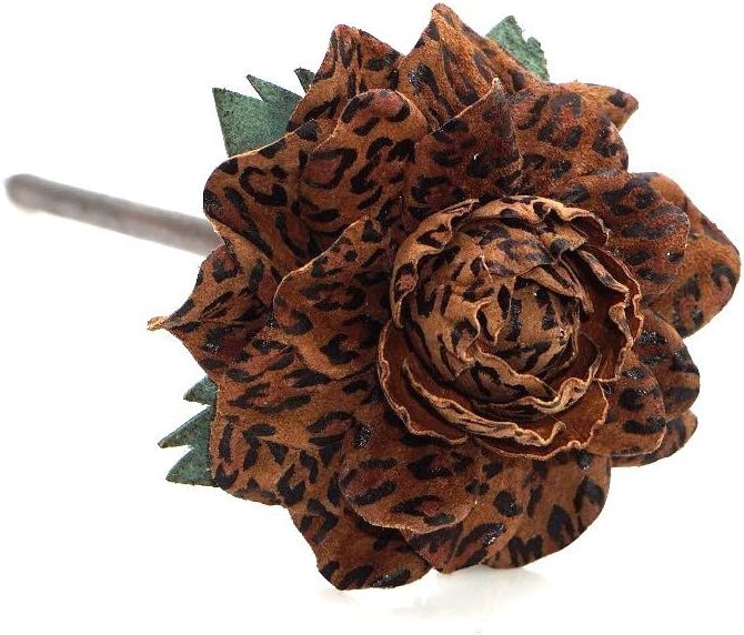 Yak Lialia Genuine Leather Suede Flower 2.5" Brown Leopard Animal Print Rose Wooden Hair Stick 7.5"