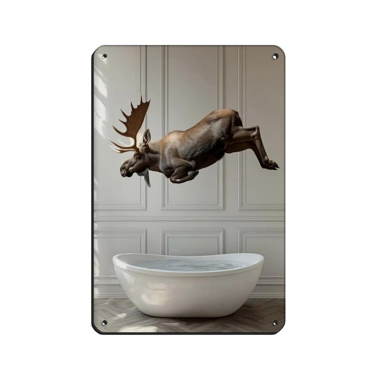 Moose Jumping Into Bathtub, Funny Bathroom Art Tin Sign Vintage Metal Pub Club Cafe Bar Home Wall Art Decoration Poster Retro 8x12inch(20x30cm)