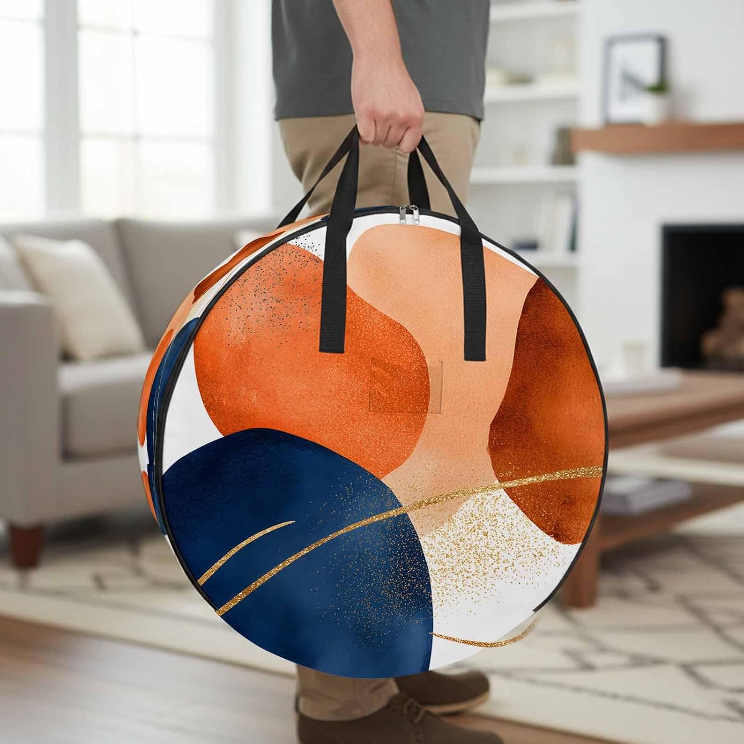 Abstract Graffiti Round Storage Bag 36 Inch, Vintage Gold Orange Blue Shape Modern Clothes Storage Container with Handles Heavy Duty Organizer for Comforter, Bedding & Holiday Wreaths