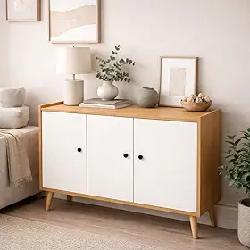 Aparador de Sala de 3 Portas com Espaço Interno Inteligente Armario Cozinha de Chão (Nature Off)
