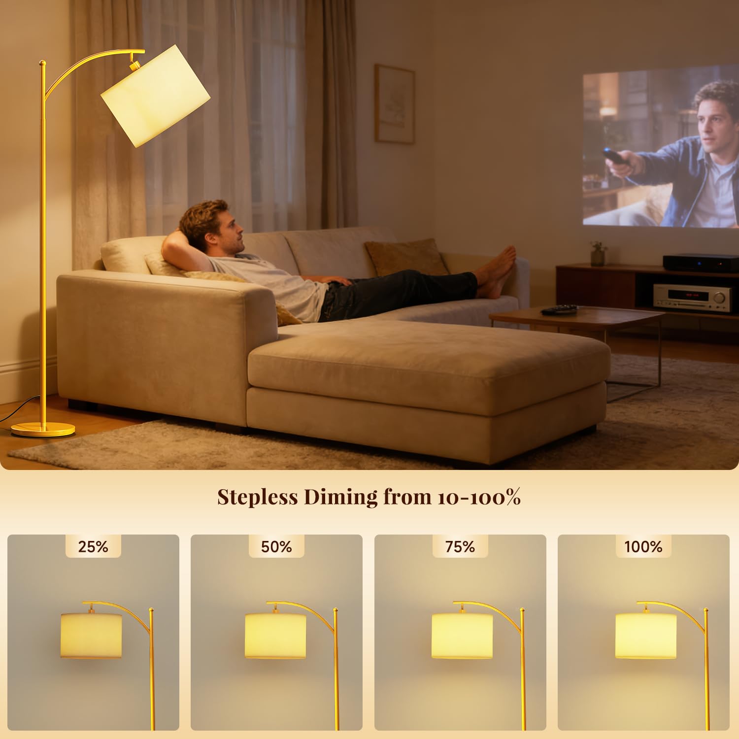 GLUROO Lampadaire Or avec Télécommande,Lampadaire sur Pied Salon avec 3 Couleurs Changeantes,Luminosité Continue,Lampe sur Pied avec Ampoule à Intensité Variable pour Chambre à Coucher,Bureau