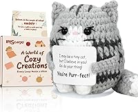 IrisCargo Positive Crochet Cat - Handmade Wool Plush with Inspirational Card & Stand, Ideal Christmas Birthday Gift for Women Men Friends Family