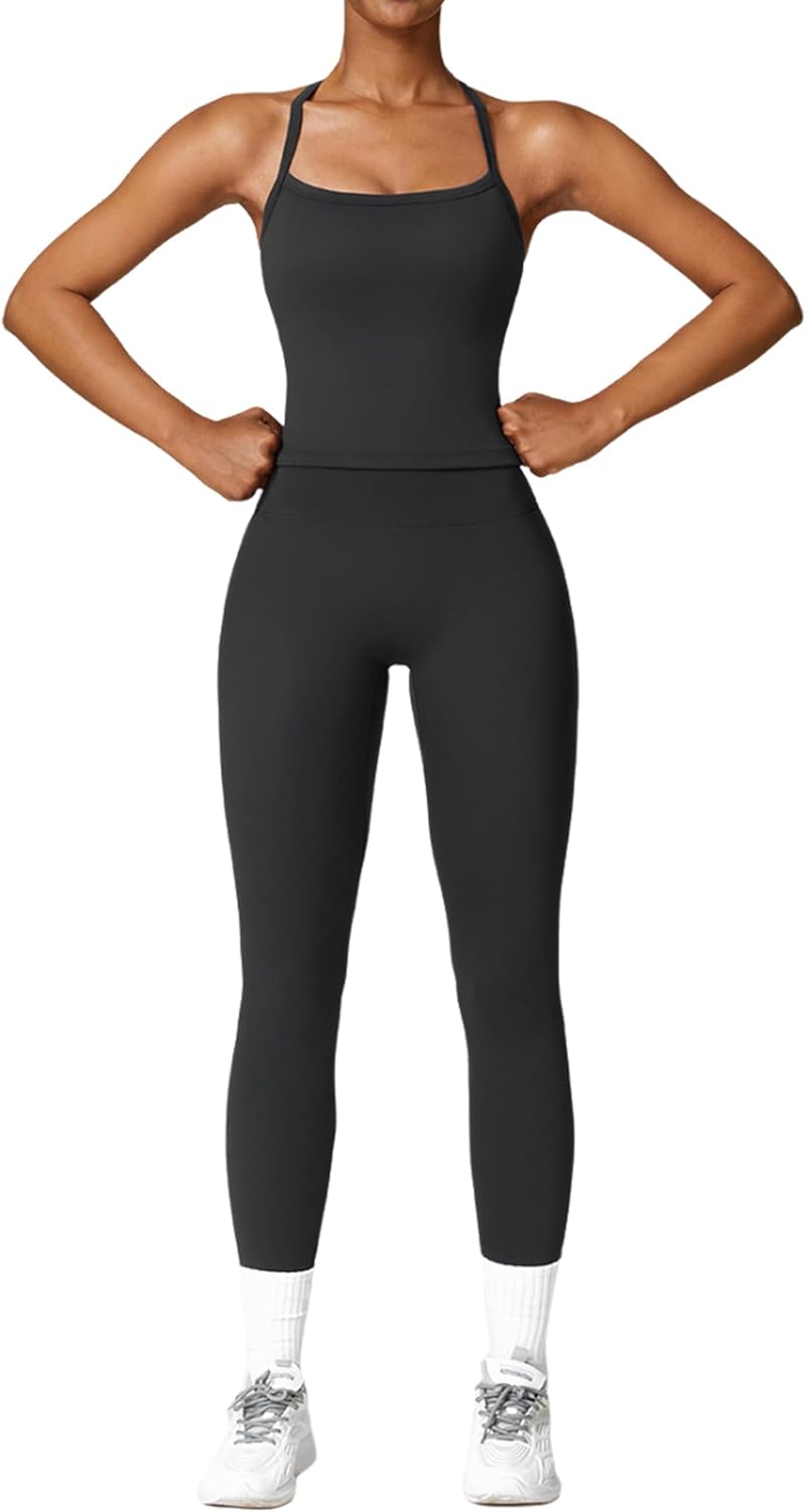 Womens Workout Sets Two Piece Cross Back Tank Top Matching High Waist Leggings Sets Gym Outfits Work Out Clothes - Image 6