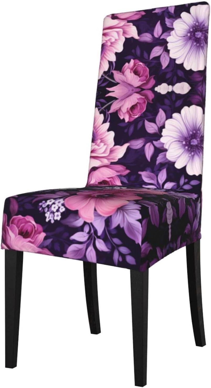 Pink and Purple Floral Prints Protection Cover for Dining Chair - Stretchable Chair Throw Covers for Dining Room, Hotel Event Party