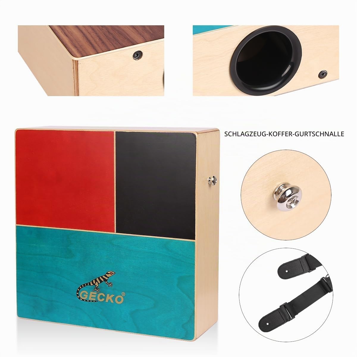 GECKO Cajon Drum Dual Sided Wooden Cajon with Bongo and Guitar String Sounds Portable Hand Percussion for Beginners and Professional Drummers - Birke und Walnuss mit Tragetasche