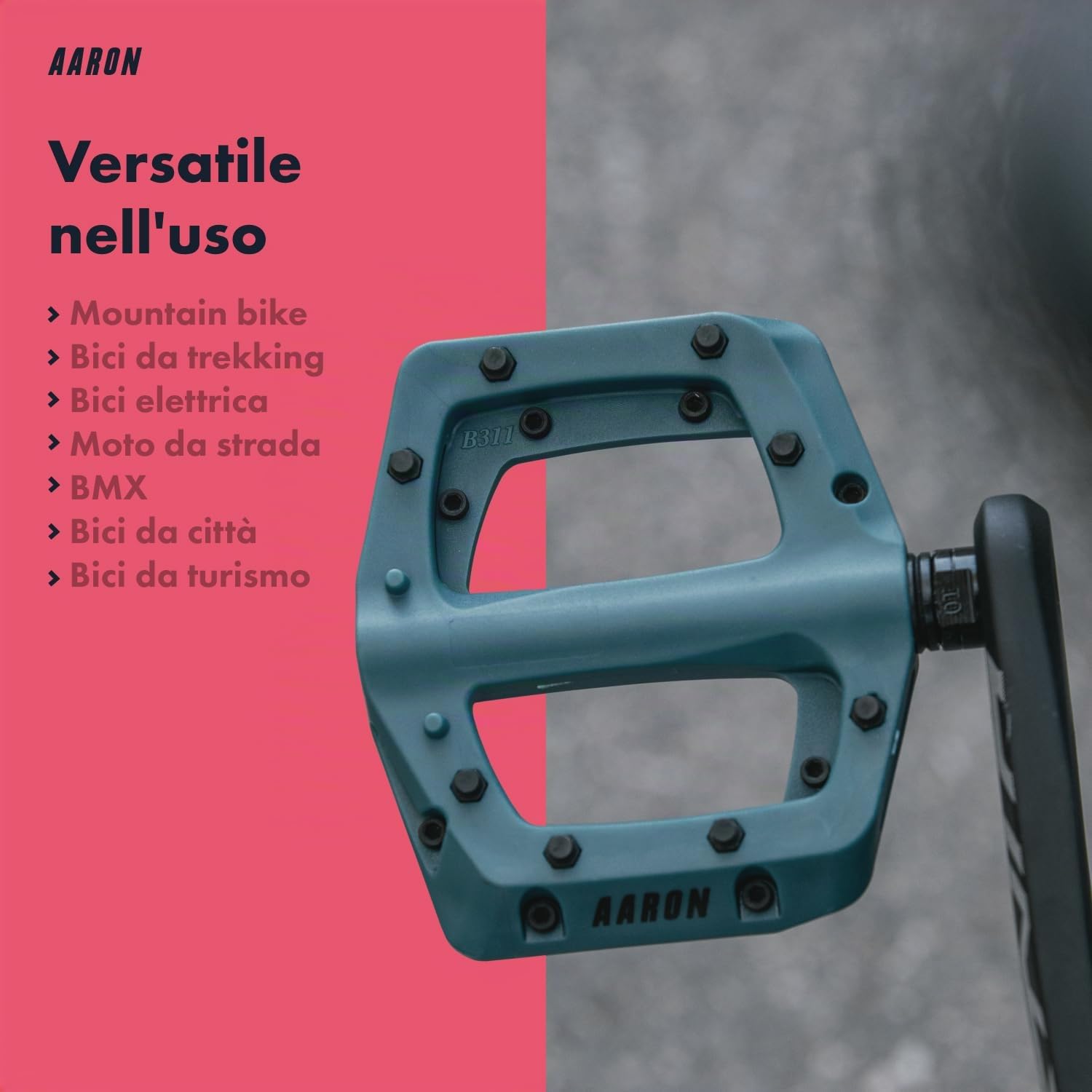 AARON Dirt MTB Pedali in fibra di nylon ultraleggera con cuscinetto a sfera industriale sigillato – antiscivolo grazie a 8 perni intercambiabili – Piattaforma per bici da dirtbike, e-bike, downhill,