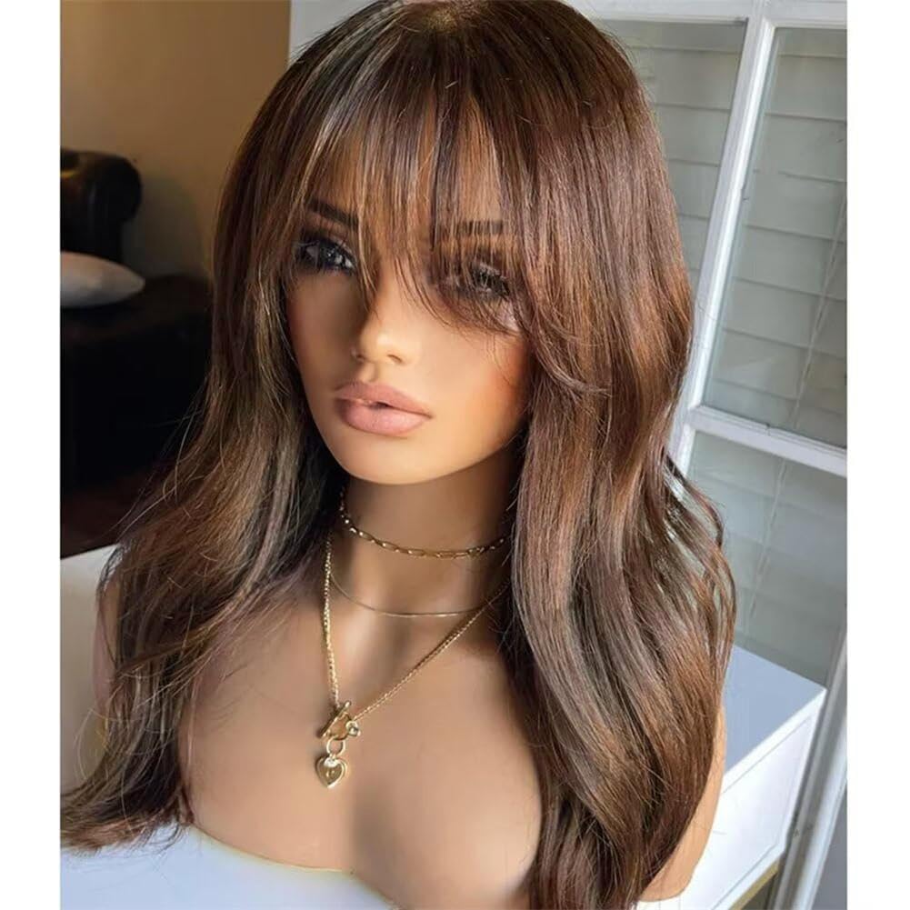Ombre Brown Layered Cut Wavy Human Hair Wigs with Bangs 13x6 HD Invisible Lace Front Wig Bleached Knots For Women Glueless Wig Brazilian Remy Hair With Baby Hair 16 Inch