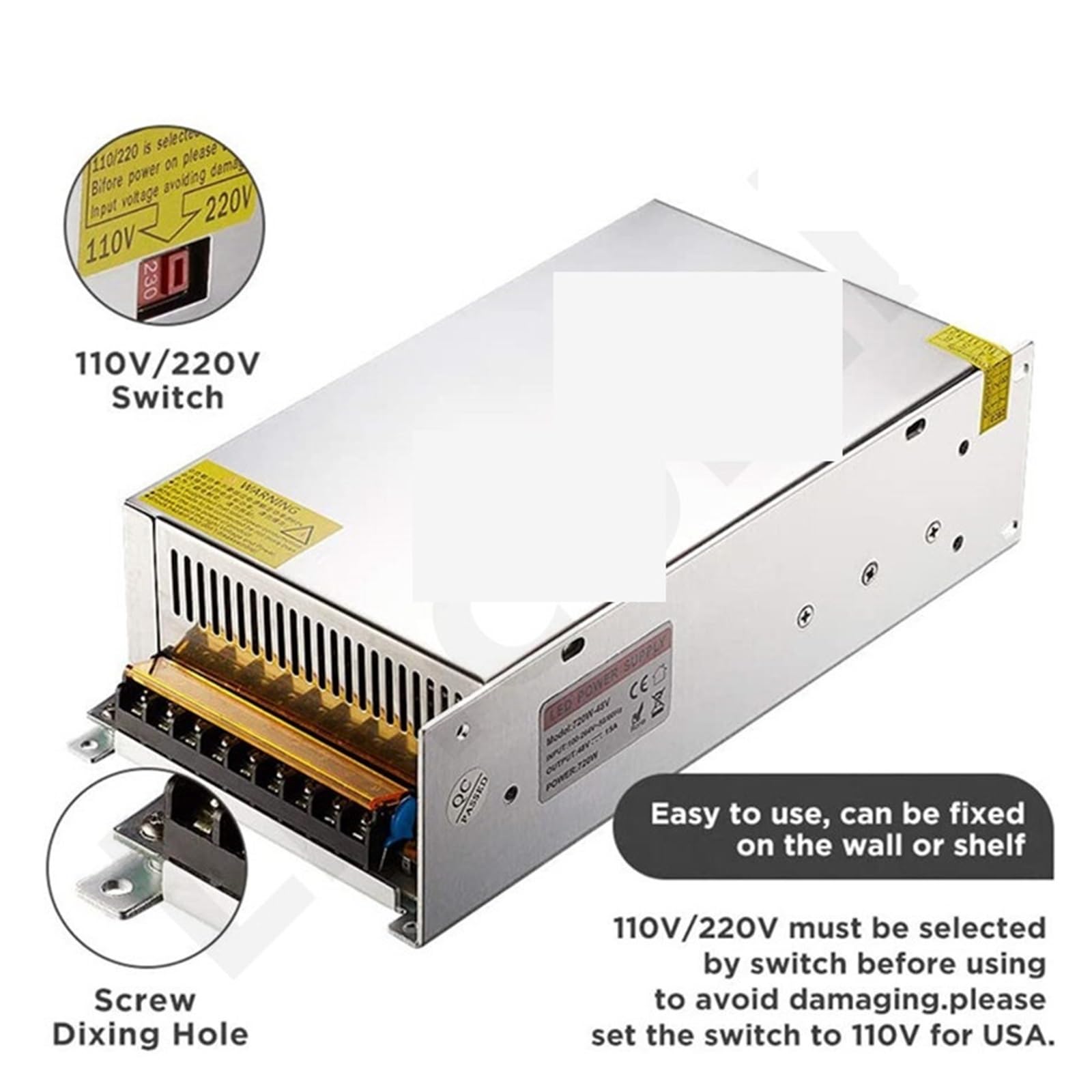 Fuente de alimentación Fuente de alimentación conmutada 1200W, CC 12V, 18V, 24V, 36V, 48V, 60V, 70V, 72V, CA 100-240V, SMPS, CNC, je Regulable for Motor agitación LED(60V 20A)
