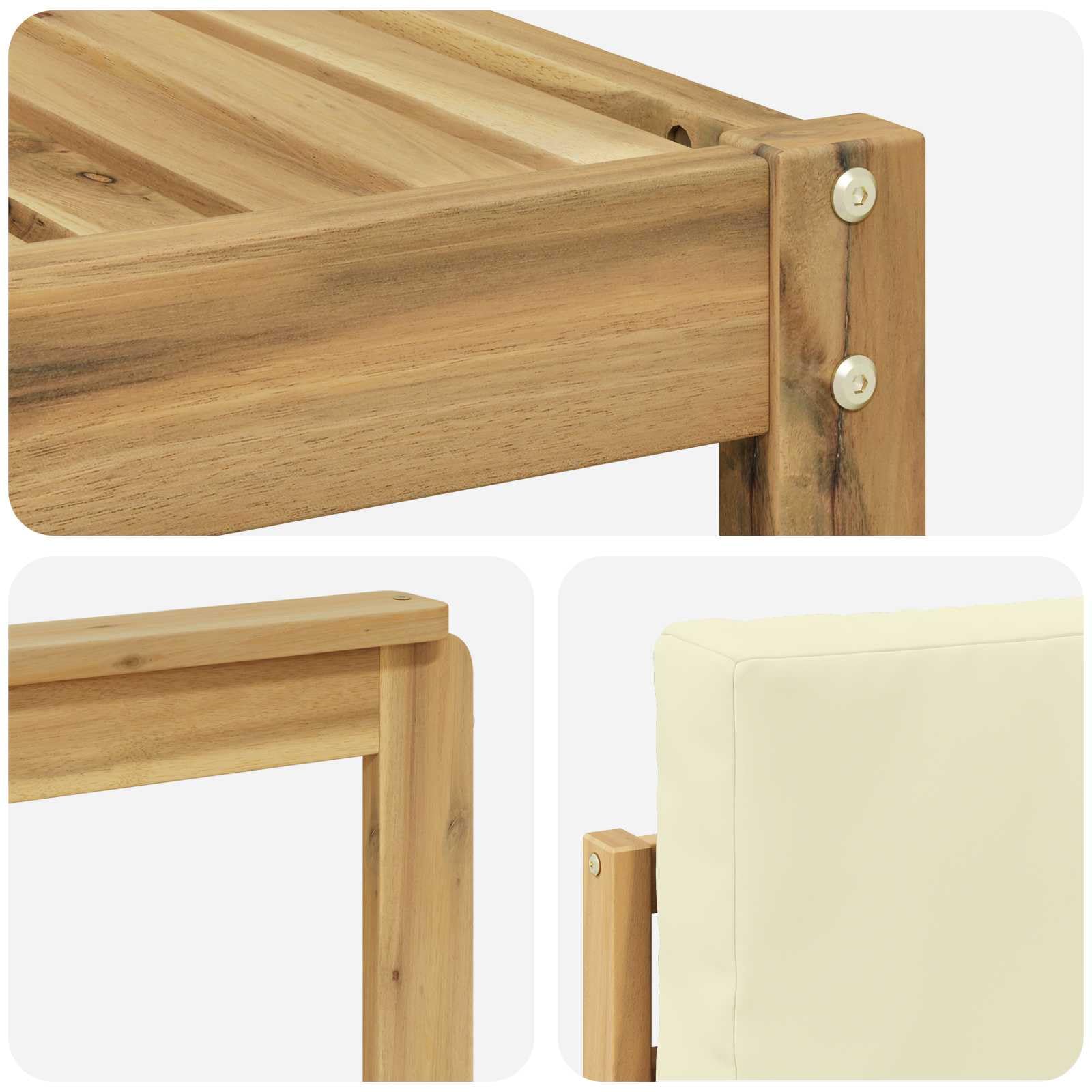 Gartenmöbelgarnitur 6-teilig aus massivem Akazienholz in Weiß und Creme wetterfestes Outdoor-Set für Terrasse, Balkon und Garten mit Tisch, Sofas, Armlehnen, Sitz- und Rückenkissen