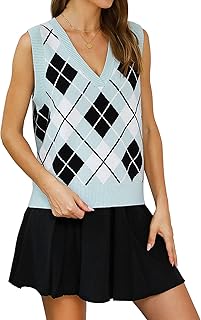 Blooming Jelly Womens Argyle Plaid Sweater Vest V Neck Preppy Style Sweaters Sleeveless Knitwear