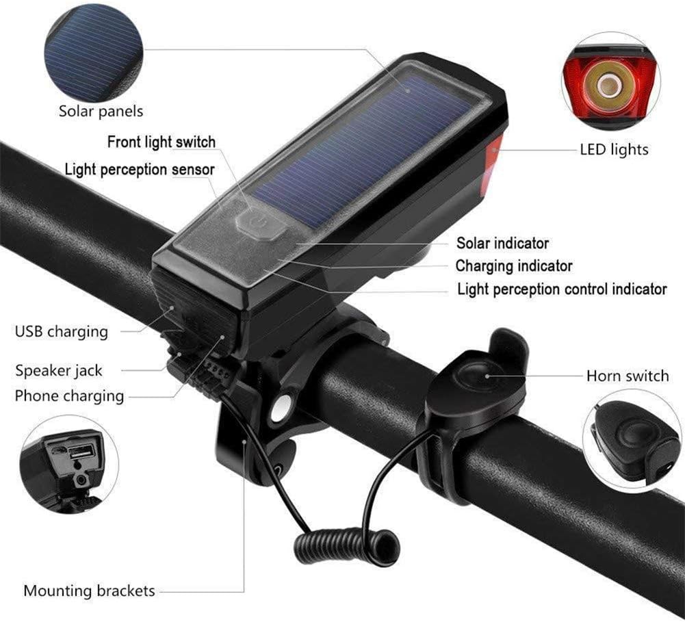 Ultra Bright Solar-Powered and USB Rechargeable Mountain Bike Front Lights 5 Modes 120db Bicycle Electric Bell Horn 350 Lumens 4 Mode Waterproof Bicycle Headlight, Road Cycling Safety Charging Lights